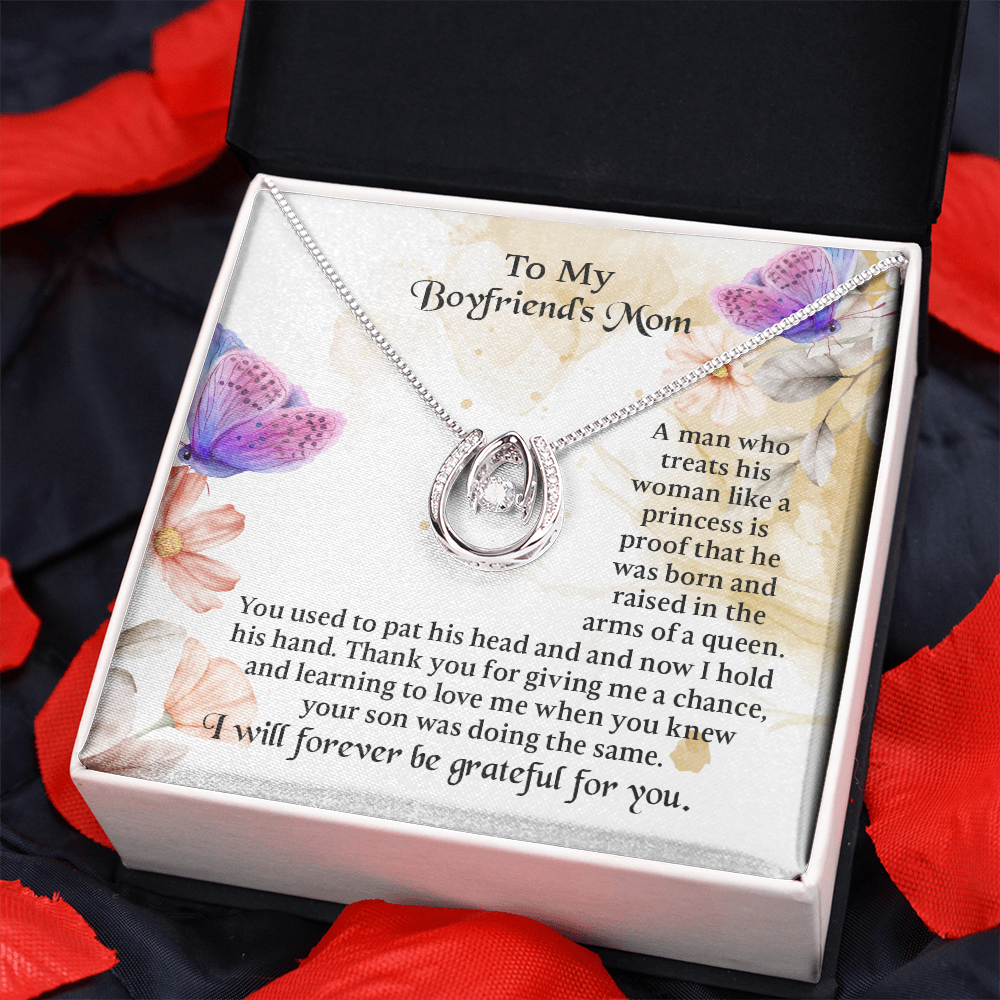 To My Boyfriends Mom Lucky In Love Necklace, mother in law gifts, Message Card to Boyfriend Mother