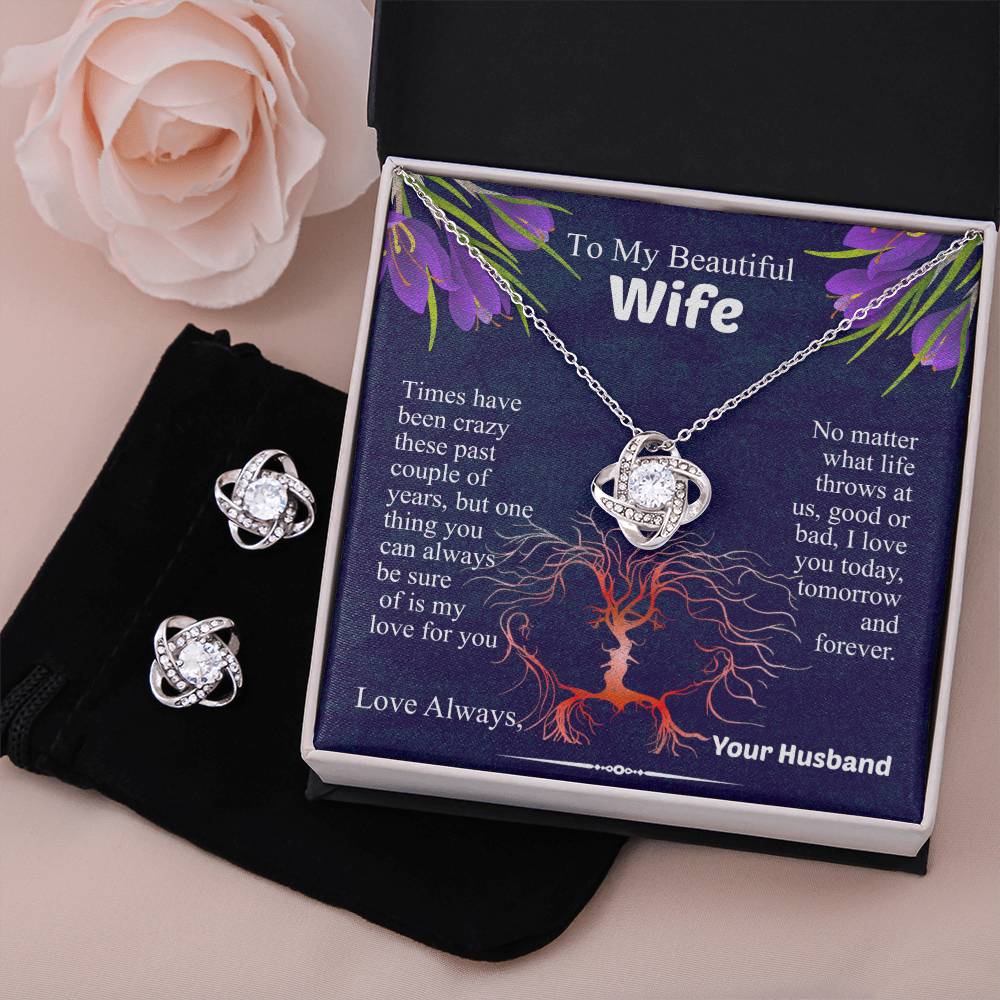To My Beautiful Wife Love Knot Necklace & Earring Set, Necklace for Wife, Anniversary Gift for Wife, Wife Birthday Gift, Message Card Jewelry