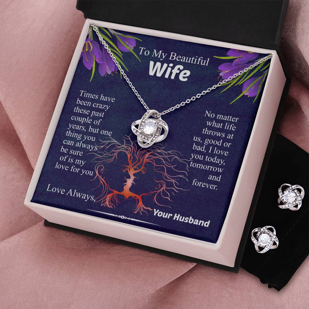 To My Beautiful Wife Love Knot Necklace & Earring Set, Necklace for Wife, Anniversary Gift for Wife, Wife Birthday Gift, Message Card Jewelry