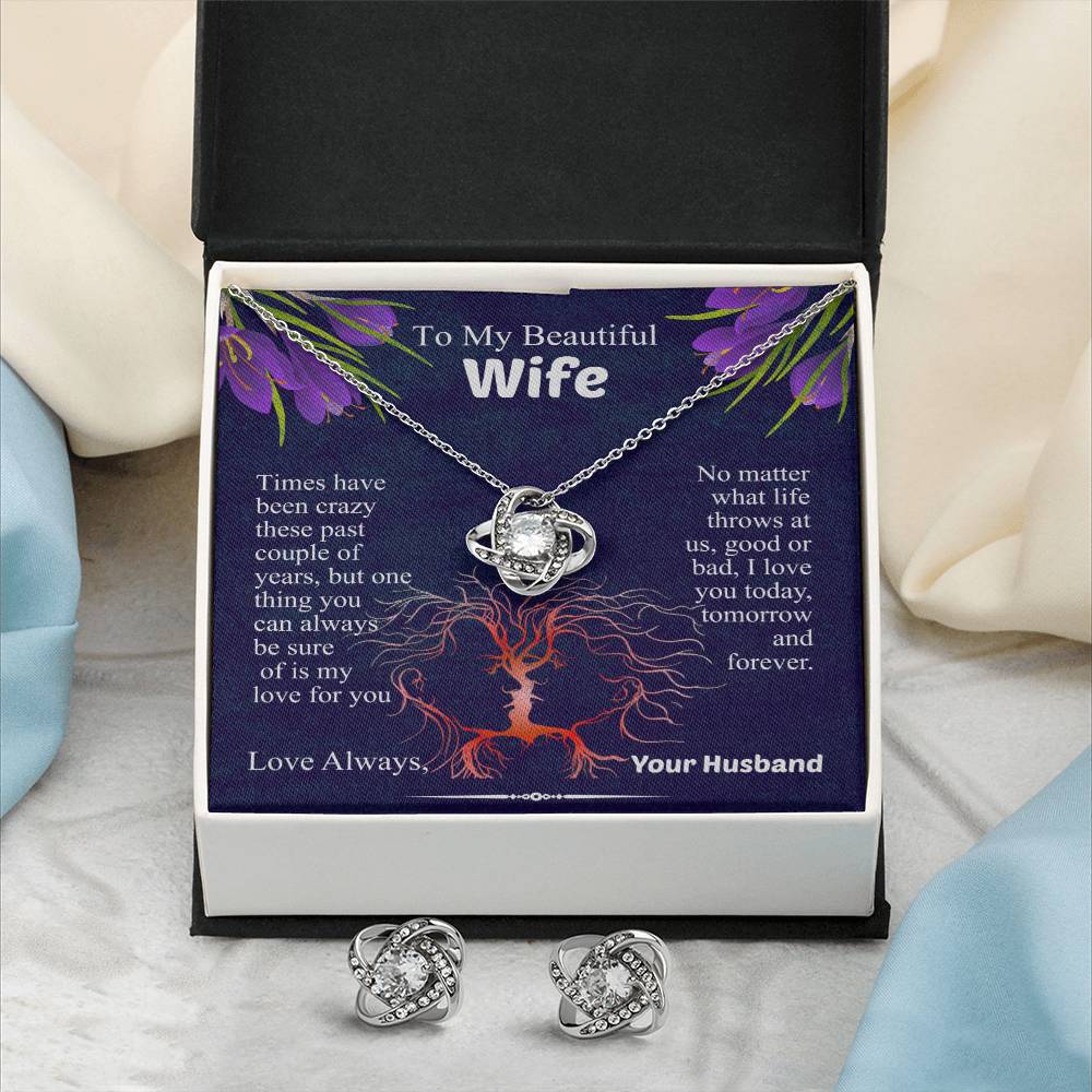 To My Beautiful Wife Love Knot Necklace & Earring Set, Necklace for Wife, Anniversary Gift for Wife, Wife Birthday Gift, Message Card Jewelry
