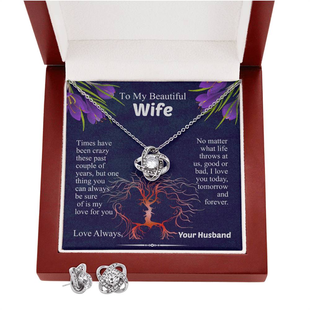 To My Beautiful Wife Love Knot Necklace & Earring Set, Necklace for Wife, Anniversary Gift for Wife, Wife Birthday Gift, Message Card Jewelry