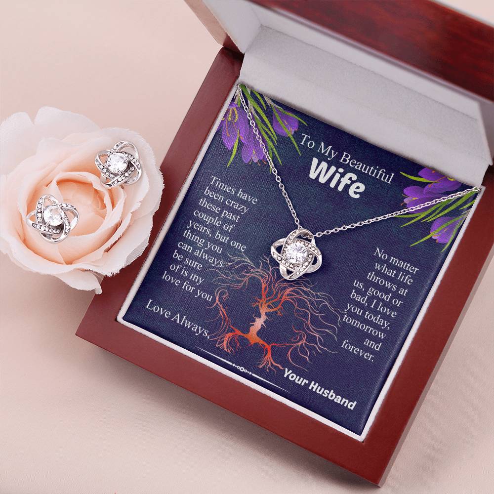 To My Beautiful Wife Love Knot Necklace & Earring Set, Necklace for Wife, Anniversary Gift for Wife, Wife Birthday Gift, Message Card Jewelry