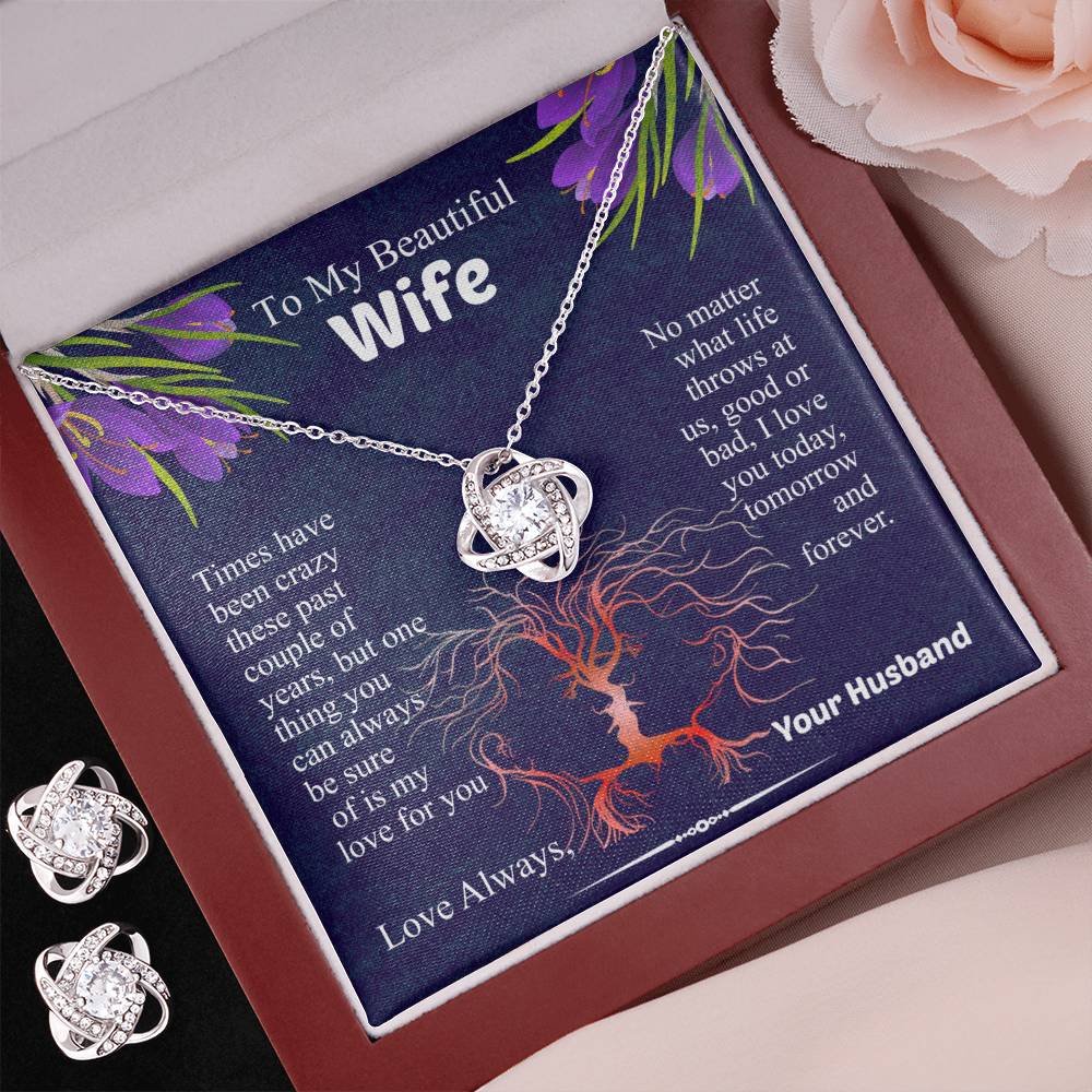 To My Beautiful Wife Love Knot Necklace & Earring Set, Necklace for Wife, Anniversary Gift for Wife, Wife Birthday Gift, Message Card Jewelry