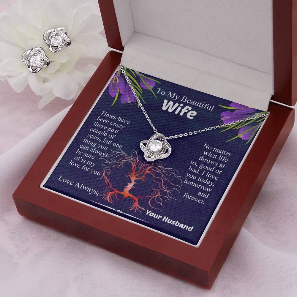 To My Beautiful Wife Love Knot Necklace & Earring Set, Necklace for Wife, Anniversary Gift for Wife, Wife Birthday Gift, Message Card Jewelry
