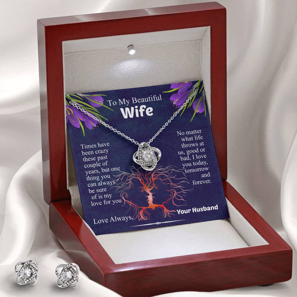 To My Beautiful Wife Love Knot Necklace & Earring Set, Necklace for Wife, Anniversary Gift for Wife, Wife Birthday Gift, Message Card Jewelry