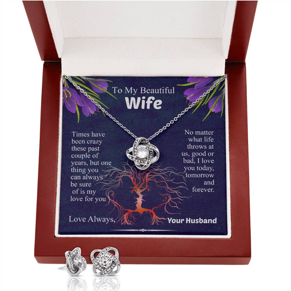 To My Beautiful Wife Love Knot Necklace & Earring Set, Necklace for Wife, Anniversary Gift for Wife, Wife Birthday Gift, Message Card Jewelry