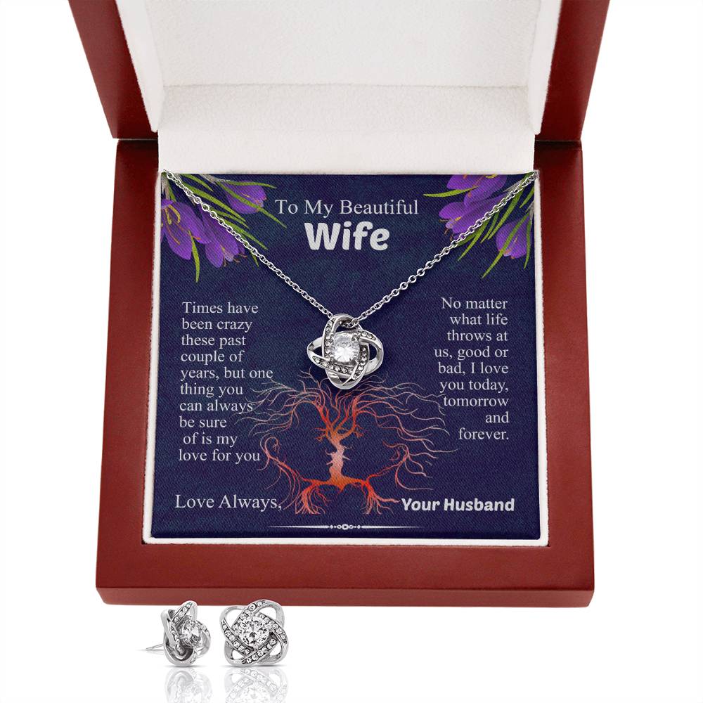 To My Beautiful Wife Love Knot Necklace & Earring Set, Necklace for Wife, Anniversary Gift for Wife, Wife Birthday Gift, Message Card Jewelry