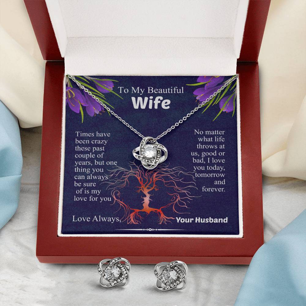 To My Beautiful Wife Love Knot Necklace & Earring Set, Necklace for Wife, Anniversary Gift for Wife, Wife Birthday Gift, Message Card Jewelry