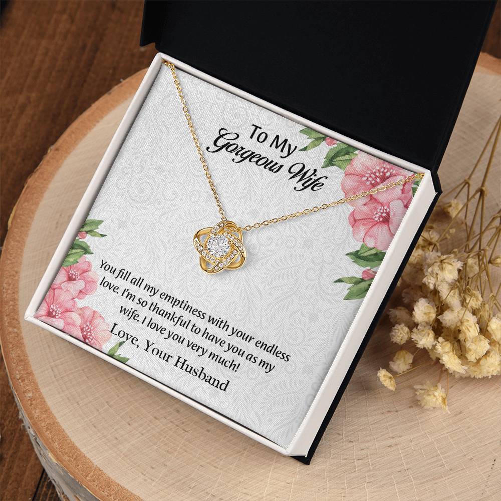 To My Gorgeous Wife Love Knot Necklace, Anniversary Gift for Wife, Wife Birthday Gift, Necklace for Wife, Message Card Jewelry