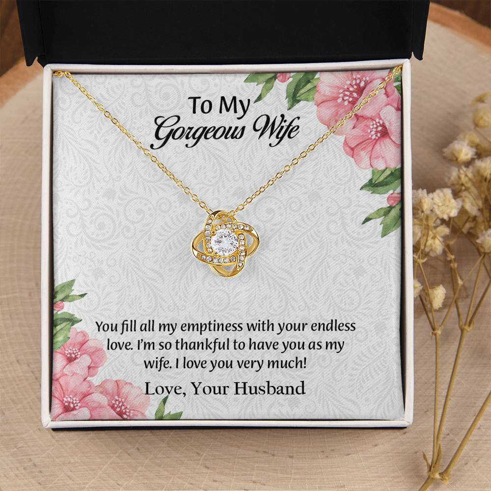 To My Gorgeous Wife Love Knot Necklace, Anniversary Gift for Wife, Wife Birthday Gift, Necklace for Wife, Message Card Jewelry