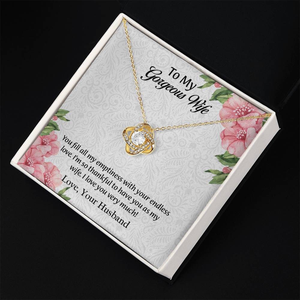 To My Gorgeous Wife Love Knot Necklace, Anniversary Gift for Wife, Wife Birthday Gift, Necklace for Wife, Message Card Jewelry