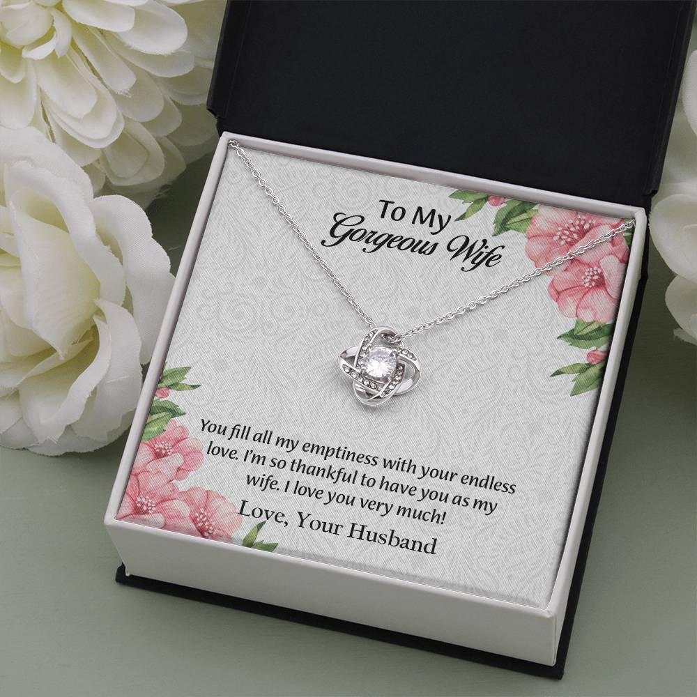 To My Gorgeous Wife Love Knot Necklace, Anniversary Gift for Wife, Wife Birthday Gift, Necklace for Wife, Message Card Jewelry