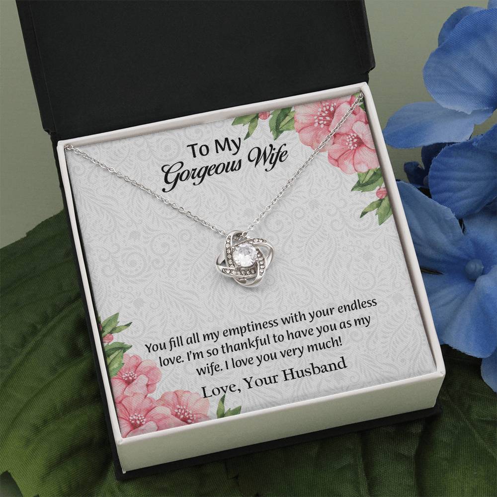 To My Gorgeous Wife Love Knot Necklace, Anniversary Gift for Wife, Wife Birthday Gift, Necklace for Wife, Message Card Jewelry