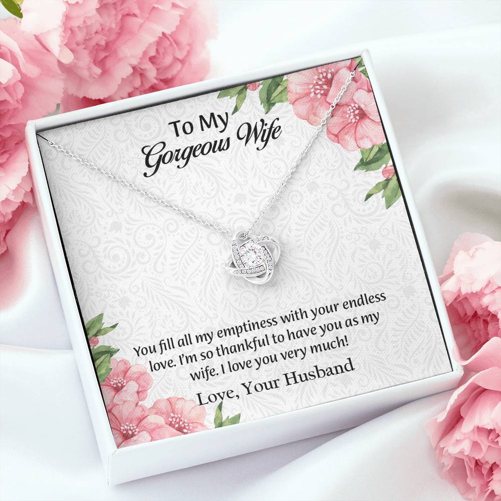 To My Gorgeous Wife Love Knot Necklace, Anniversary Gift for Wife, Wife Birthday Gift, Necklace for Wife, Message Card Jewelry