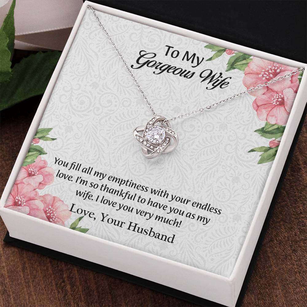 To My Gorgeous Wife Love Knot Necklace, Anniversary Gift for Wife, Wife Birthday Gift, Necklace for Wife, Message Card Jewelry