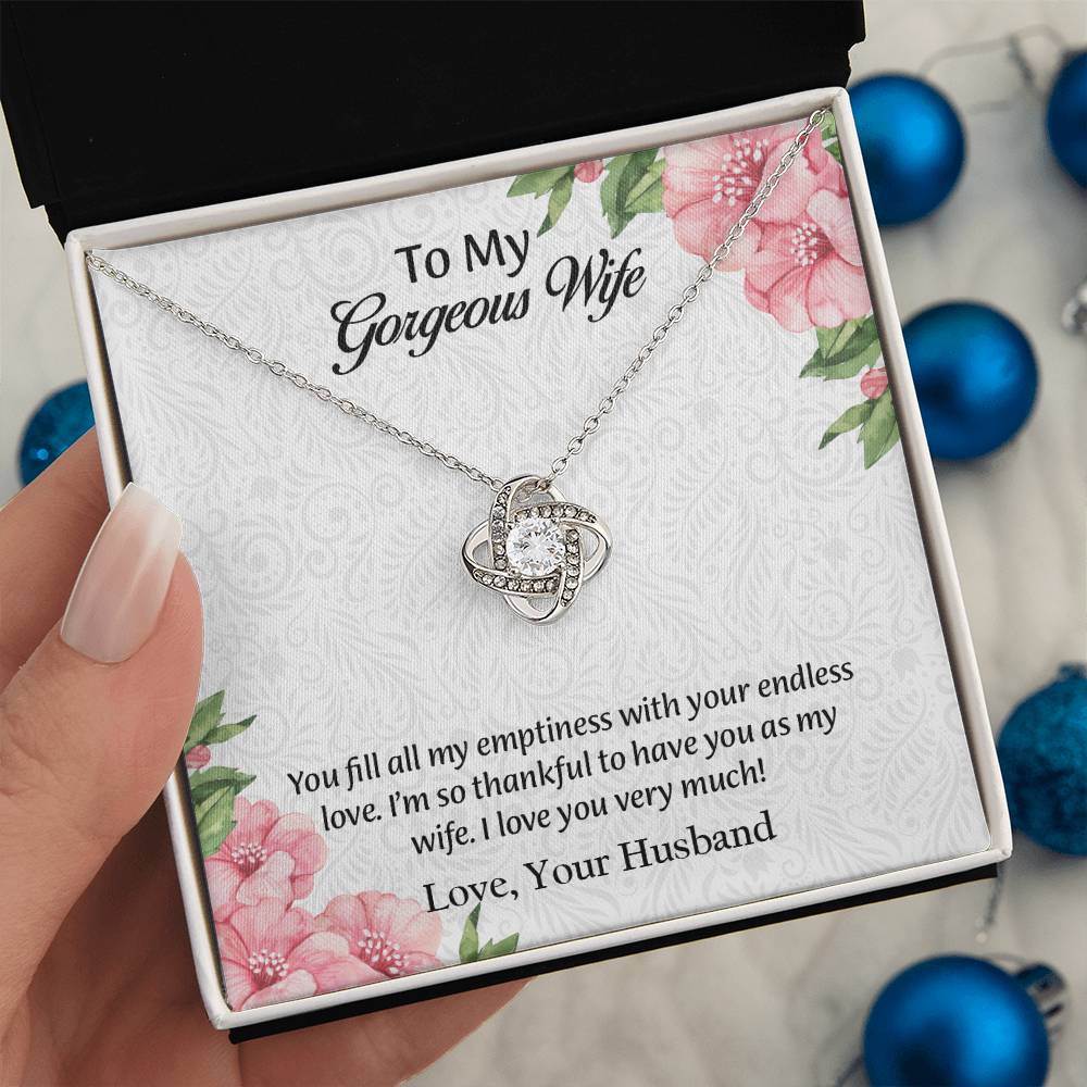 To My Gorgeous Wife Love Knot Necklace, Anniversary Gift for Wife, Wife Birthday Gift, Necklace for Wife, Message Card Jewelry