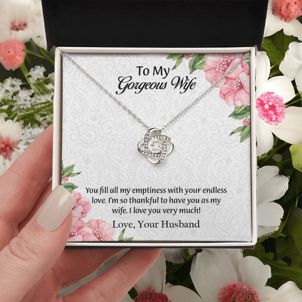 To My Gorgeous Wife Love Knot Necklace, Anniversary Gift for Wife, Wife Birthday Gift, Necklace for Wife, Message Card Jewelry