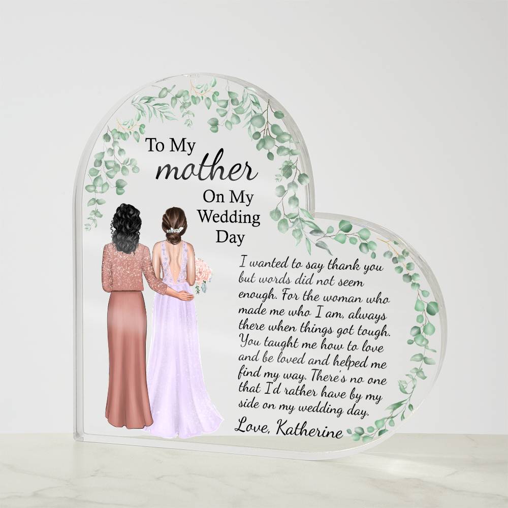 Personalized mother of the bride gift from daughter, Custom Drawn Attire wedding gift for mom, mom and daughter print Heart Acrylic Plaque