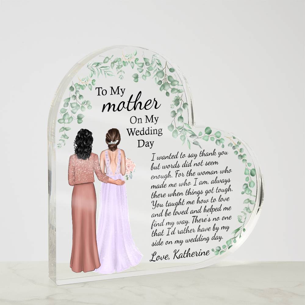 Personalized mother of the bride gift from daughter, Custom Drawn Attire wedding gift for mom, mom and daughter print Heart Acrylic Plaque