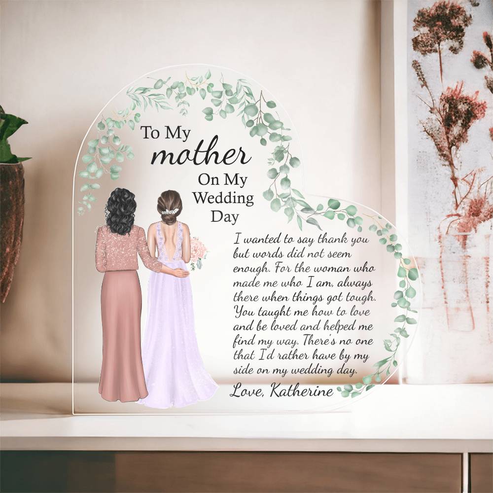 Personalized mother of the bride gift from daughter, Custom Drawn Attire wedding gift for mom, mom and daughter print Heart Acrylic Plaque